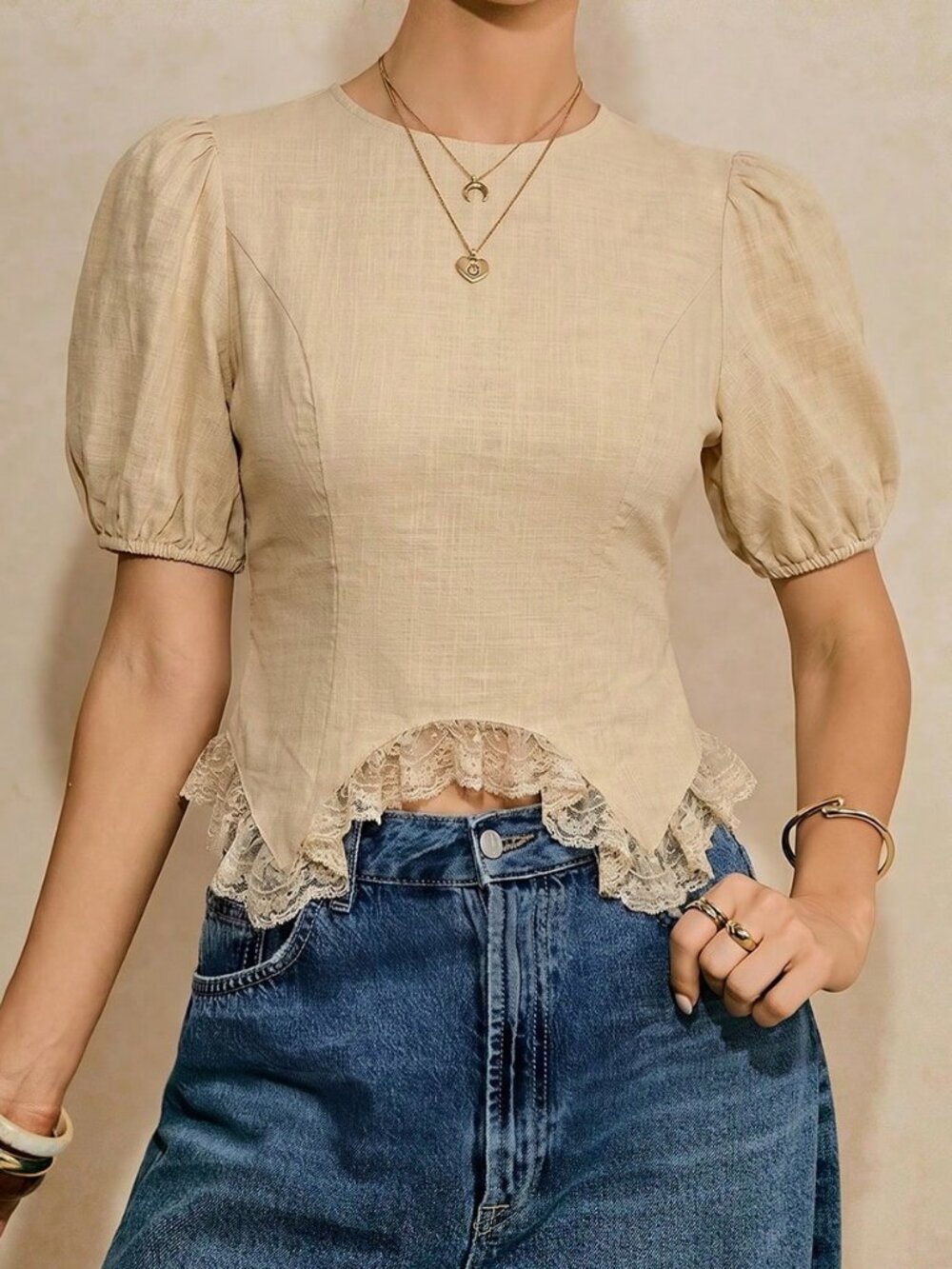 Khaki Casual Women's Puff Sleeve Lace Asymmetrical Hem Blouse